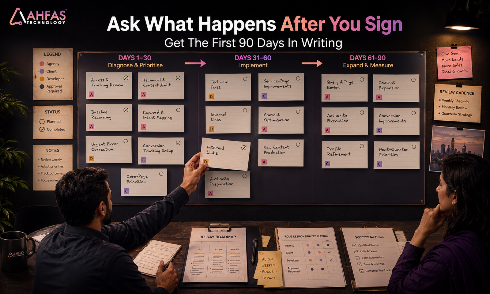 90-day SEO roadmap covering diagnosis, implementation, expansion and performance measurement.