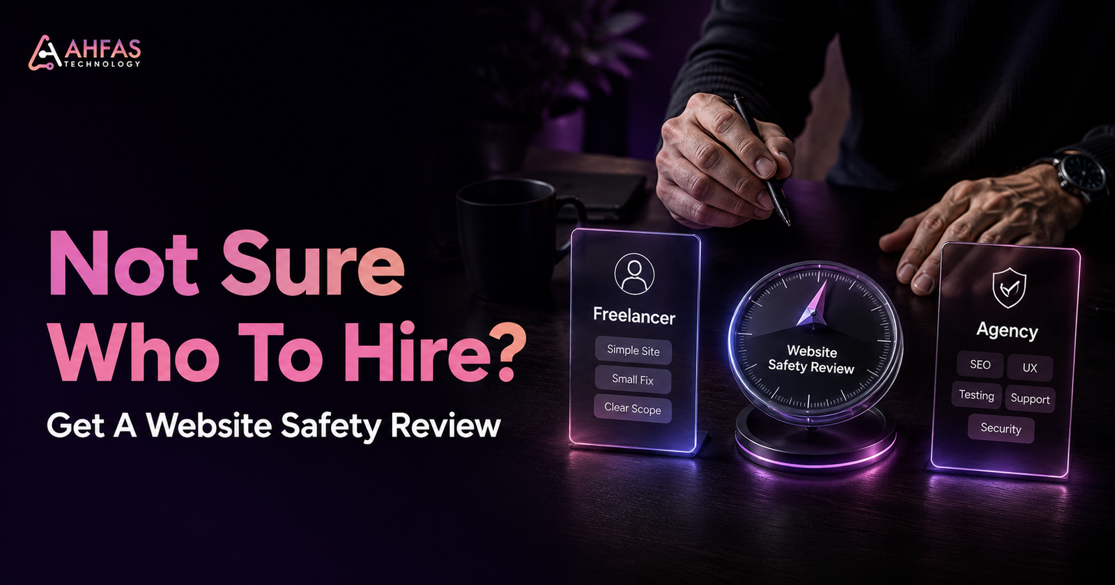 AHFAS website safety review banner helping businesses choose between freelancer and agency based on risk.