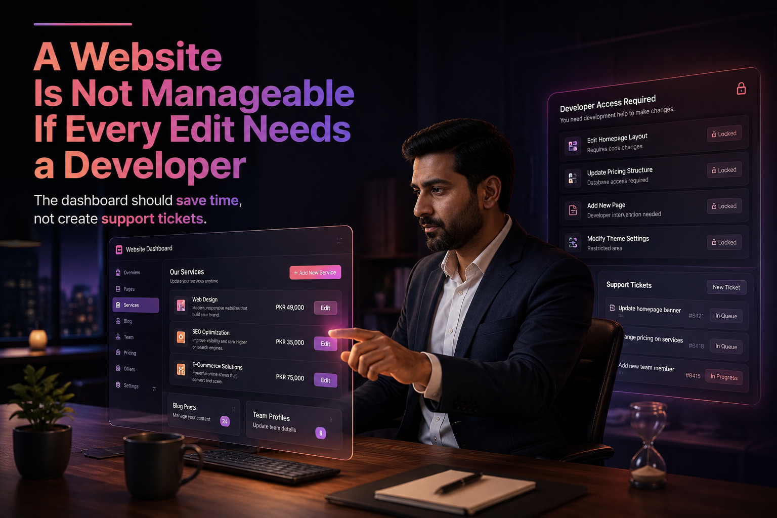 Business manager comparing manageable website editing with developer dependency