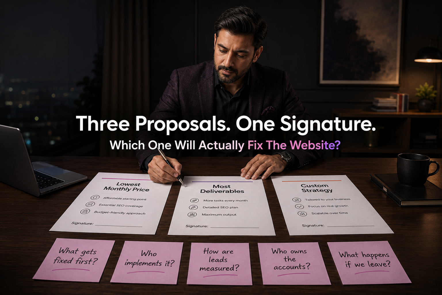 Business owner comparing three SEO proposals and key questions before choosing an agency.