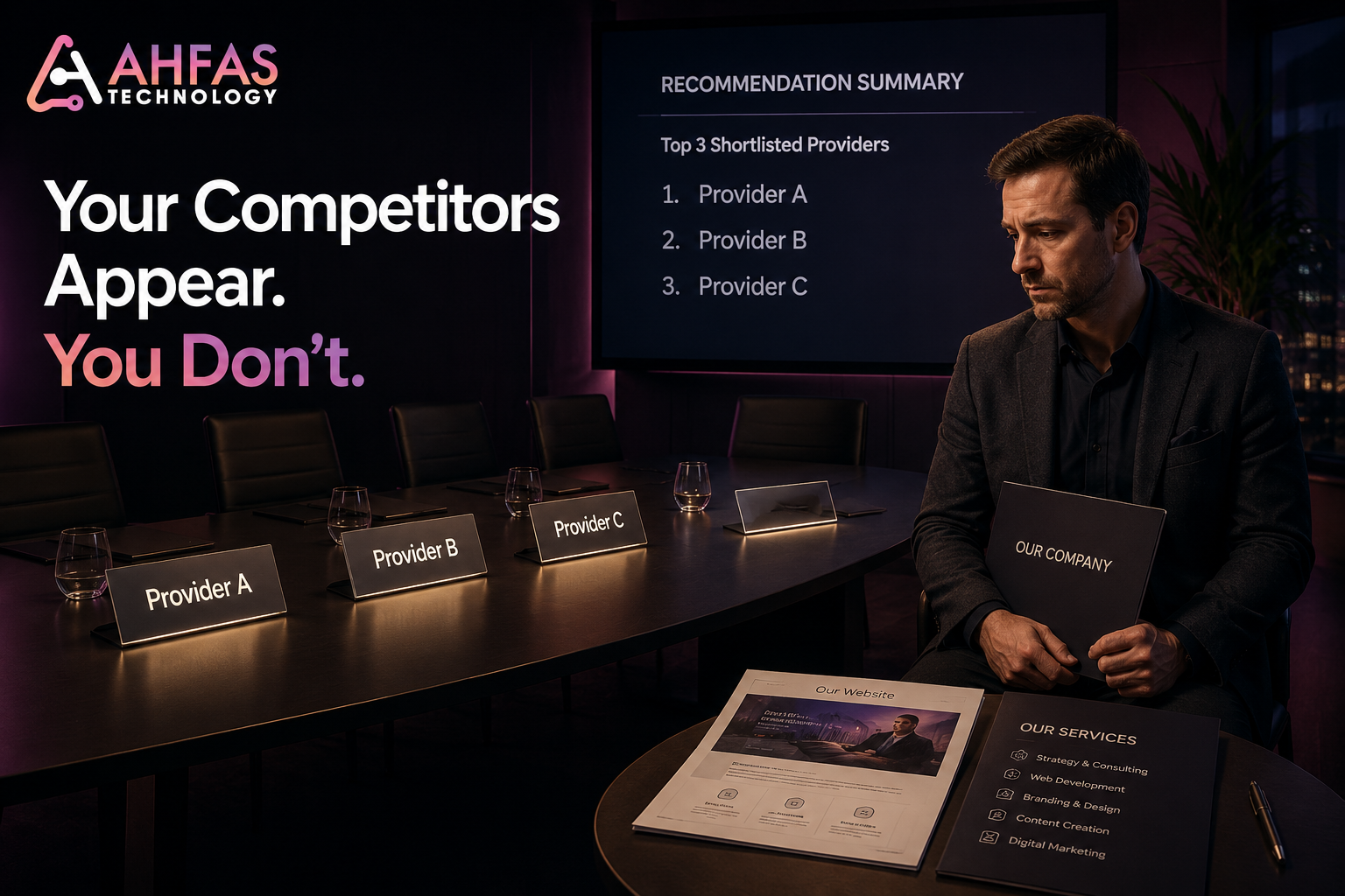 Business owner excluded from an AI provider shortlist while three competitors are selected.