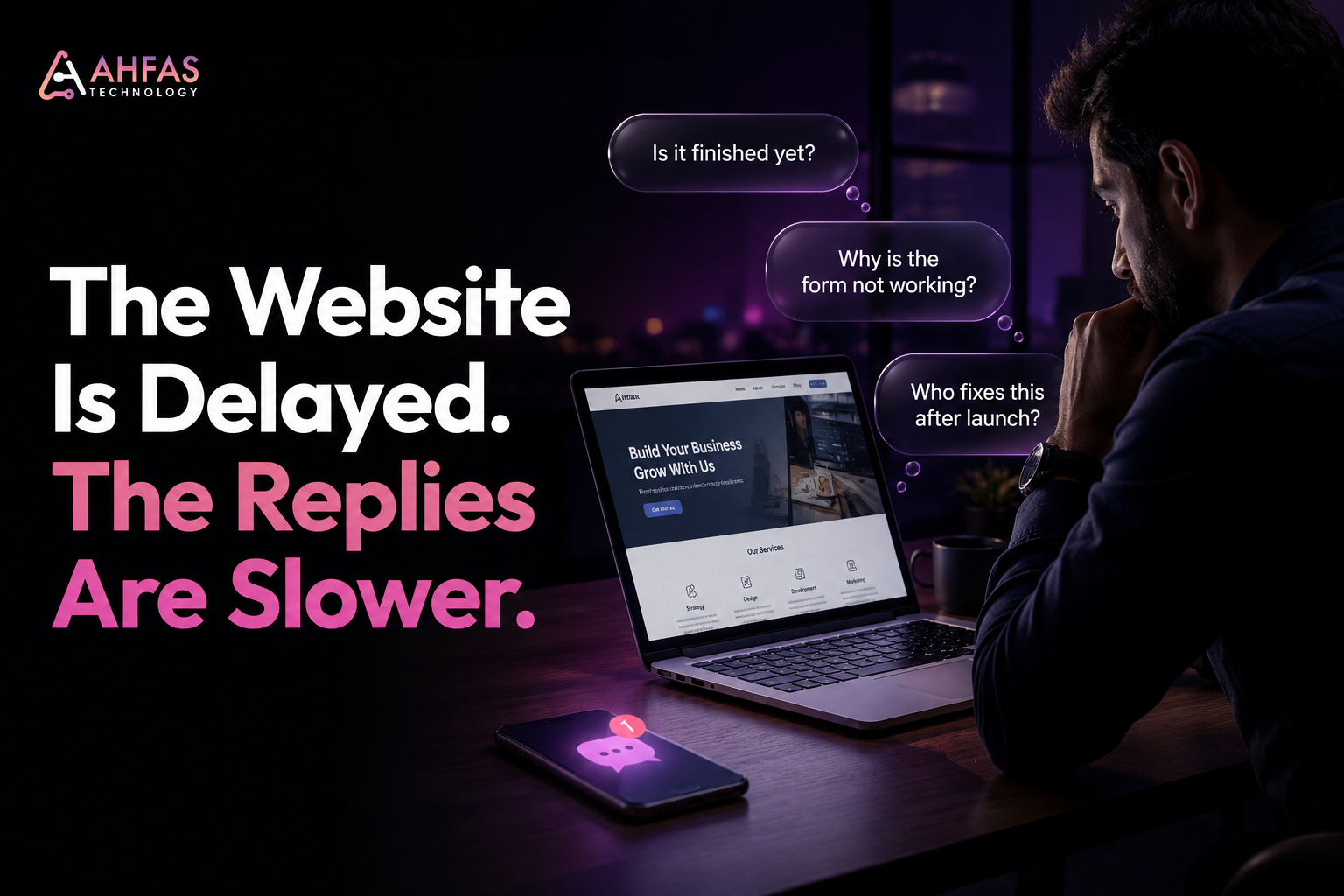 Business owner waiting for delayed website replies while reviewing an unfinished website project.