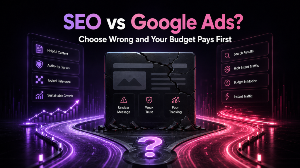 SEO vs Google Ads featured image showing a small business decision path blocked by a weak website