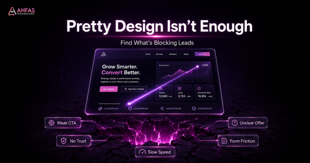 A premium AHFAS Technology hero graphic showing a polished website with hidden conversion blockers like weak CTA, no trust, slow speed, unclear offer, and form friction.