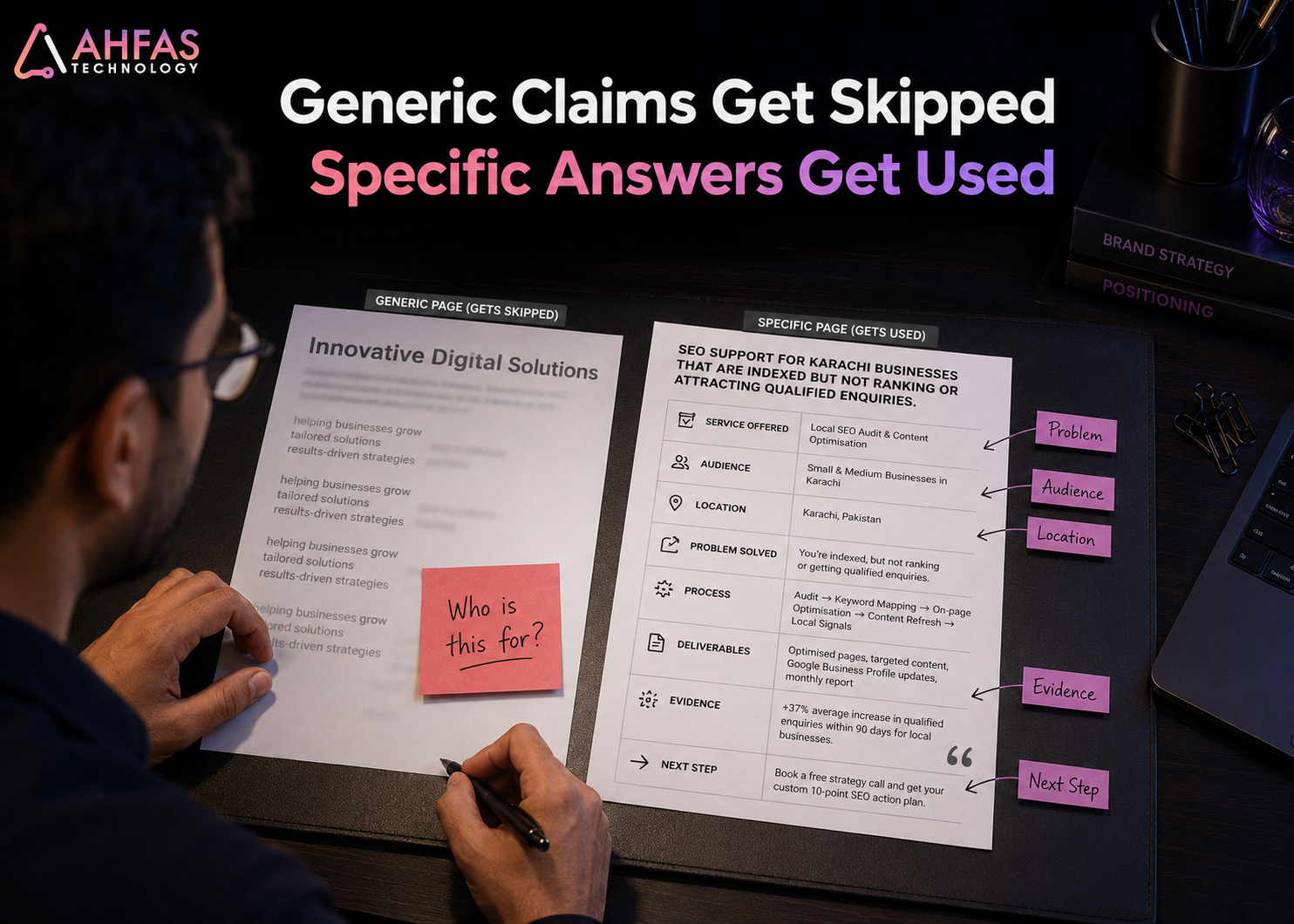 Comparison of vague service claims with a specific evidence-based page AI systems can understand.