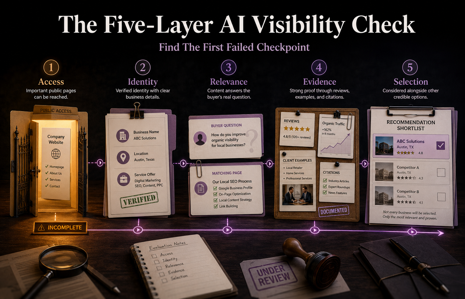 Five-layer AI visibility framework covering access, identity, relevance, evidence, and selection.