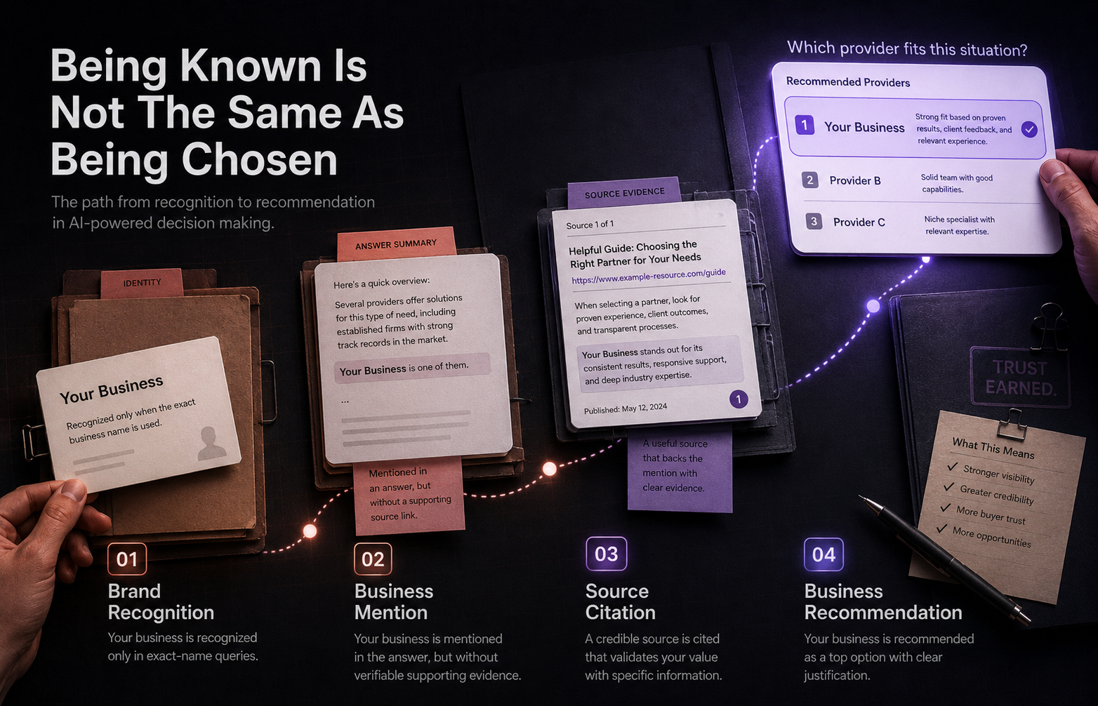 Four stages from brand recognition and business mention to source citation and recommendation.