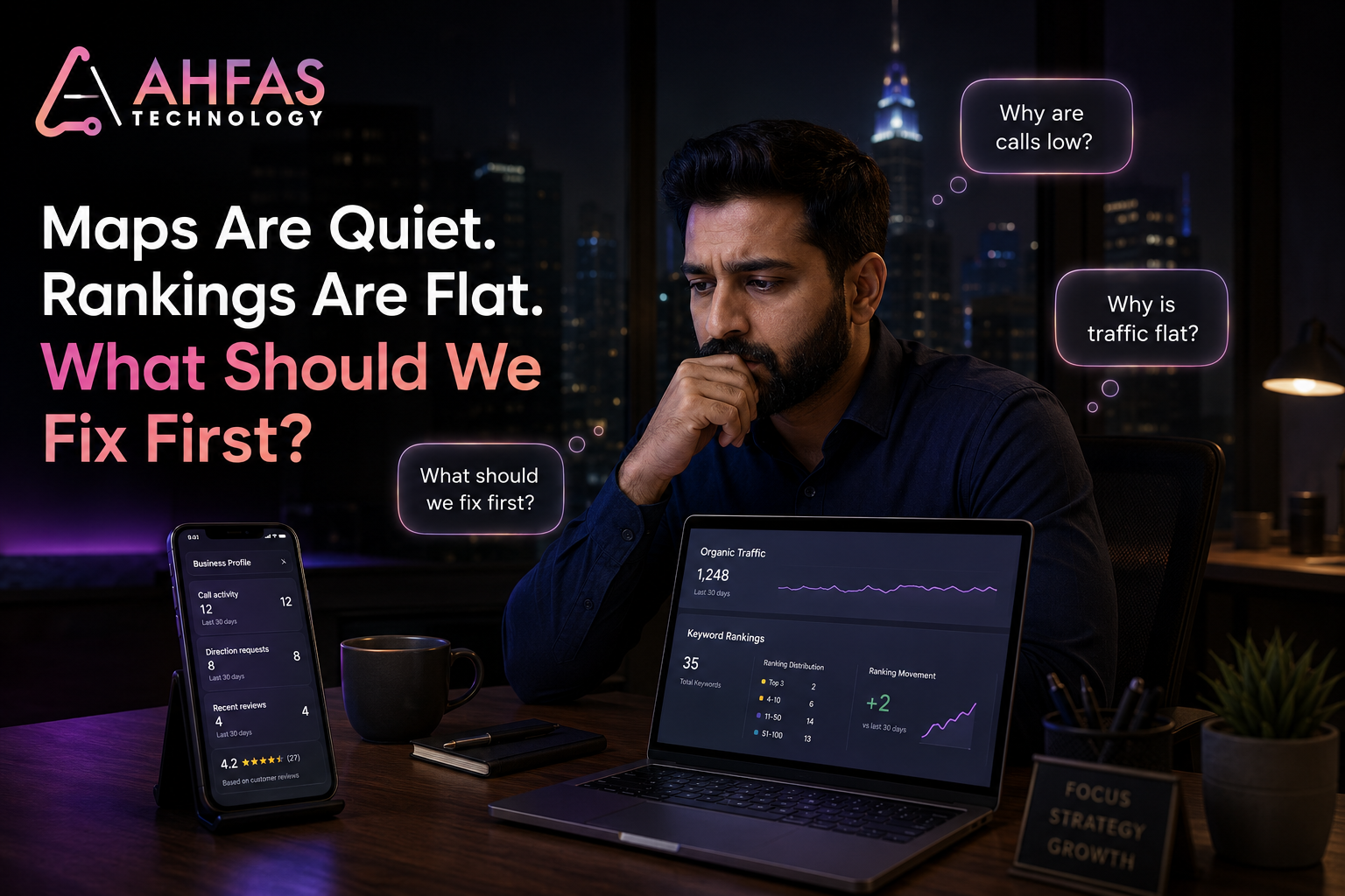 Karachi business owner comparing low local calls with flat organic search rankings.