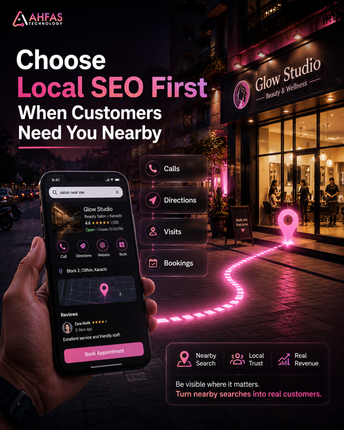 Local SEO journey connecting nearby Karachi searches with calls, directions, visits, and bookings.