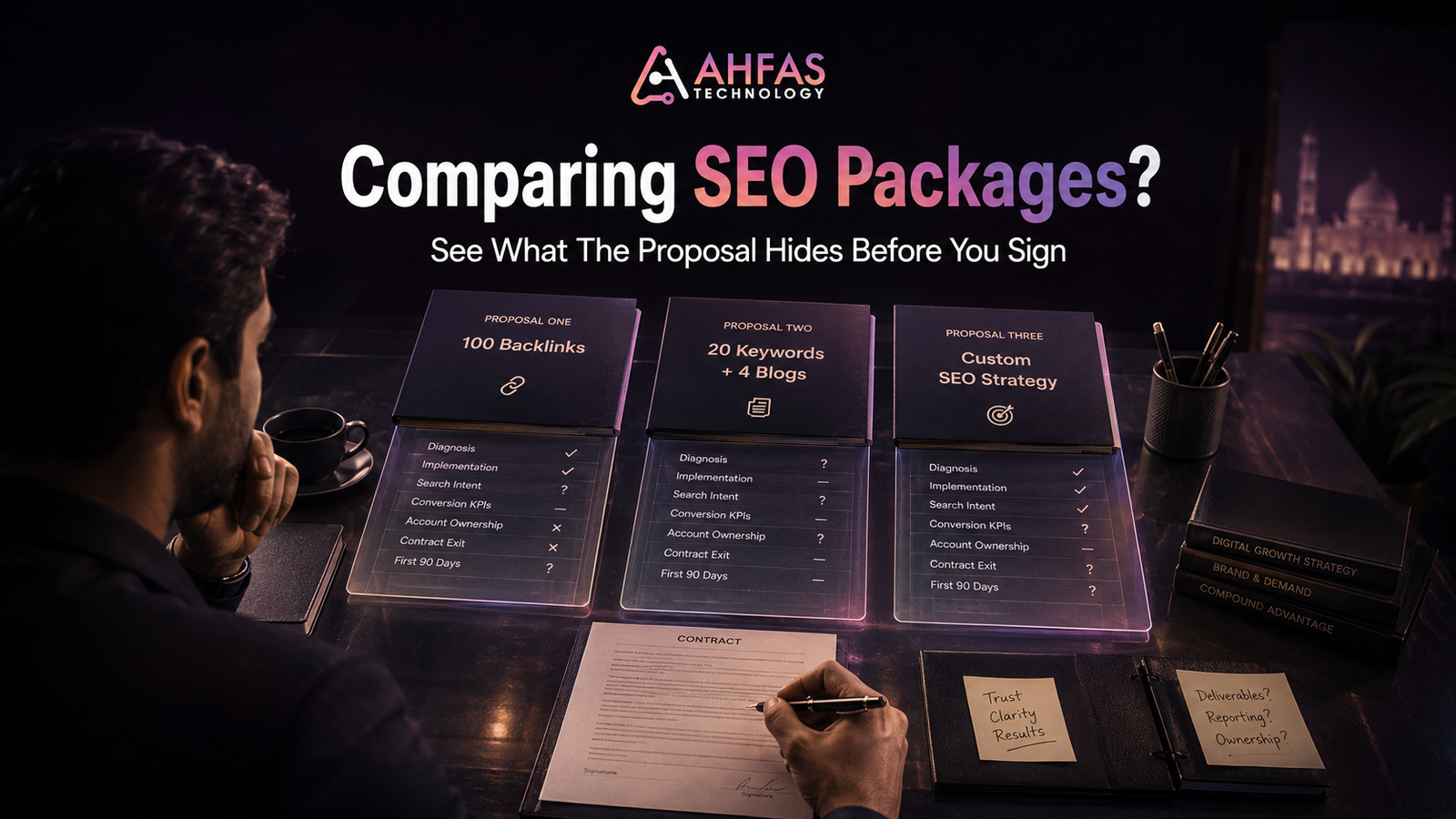 Pakistani business owner comparing SEO packages in Karachi before signing a monthly contract.