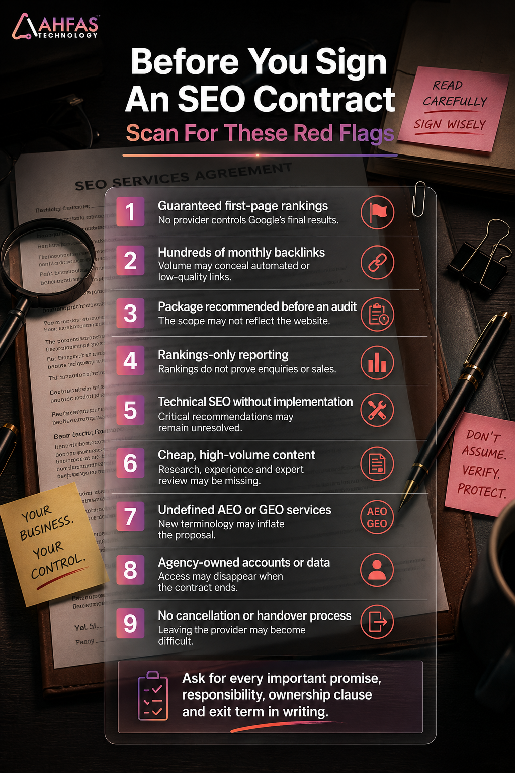 SEO contract red flags including ranking guarantees, bulk backlinks and unclear ownership terms.