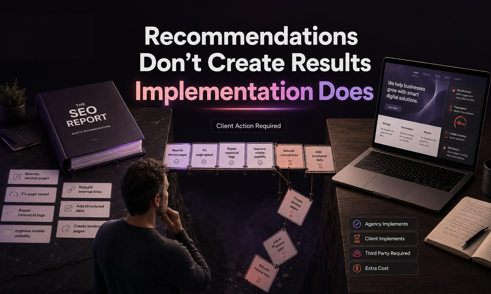 SEO recommendations remain unfinished because implementation responsibility is unclear.