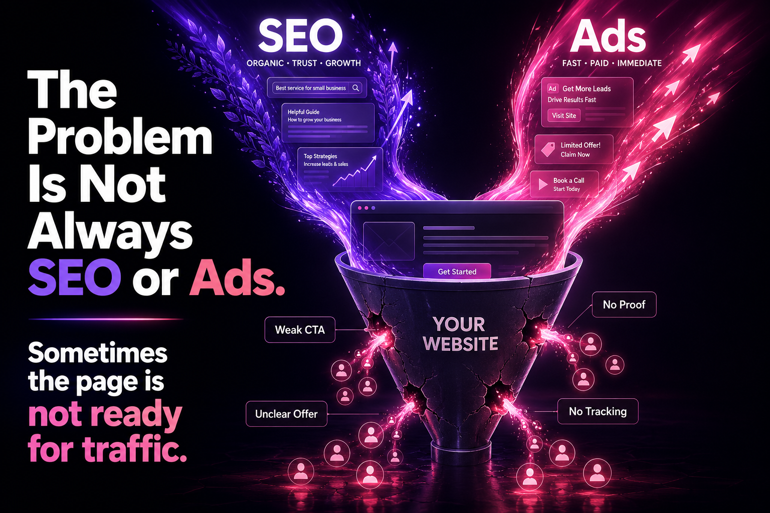 Visual showing SEO and Google Ads traffic leaking through a weak website funnel before converting 