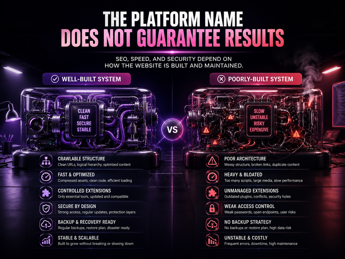 Website build quality comparison showing that SEO speed and security depend on implementation.