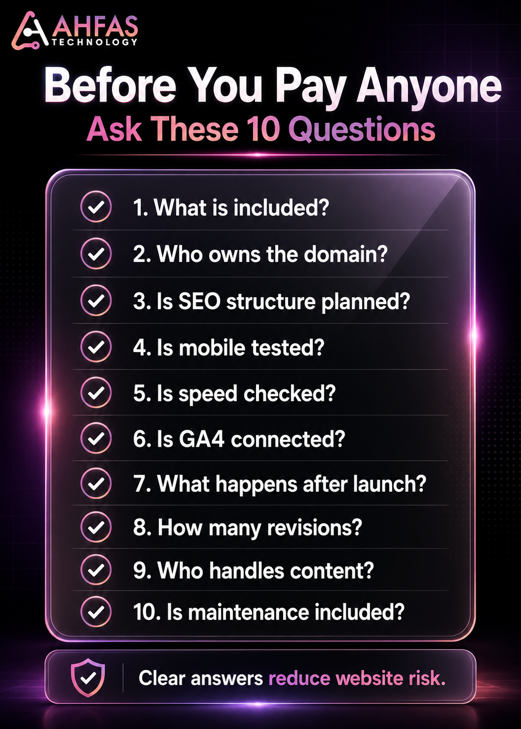 Website hiring checklist with 10 questions to ask before paying a freelancer or agency.