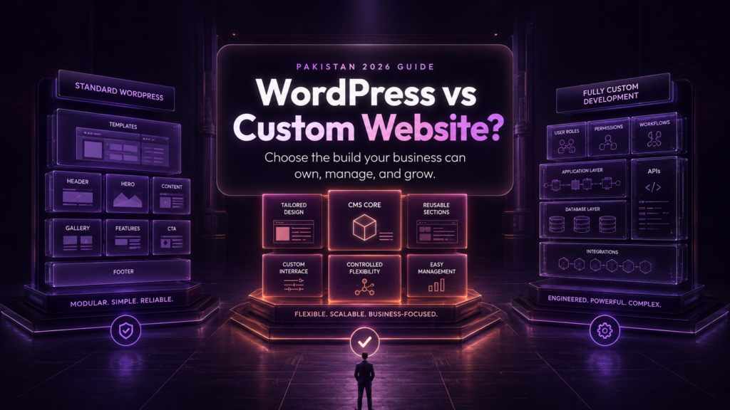 WordPress vs custom website decision showing three website architecture options for Pakistani businesses