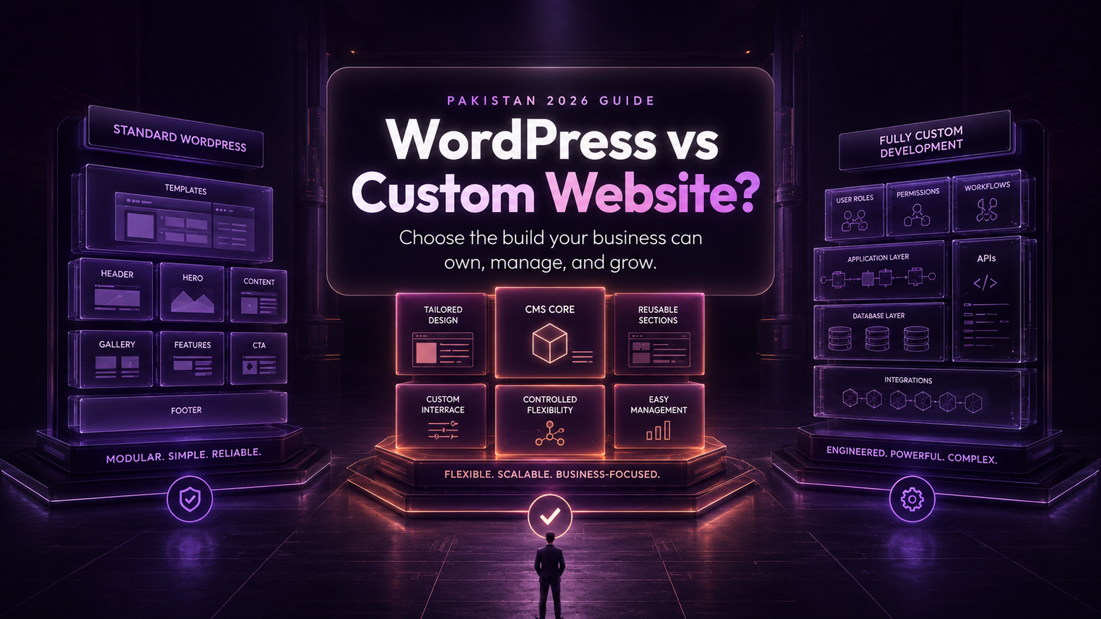 WordPress vs custom website decision showing three website architecture options for Pakistani businesses